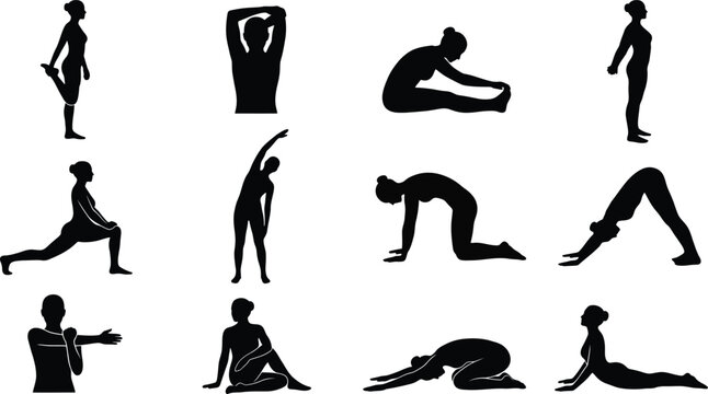 Set of black silhouettes of people doing yoga and stretching exercises for health