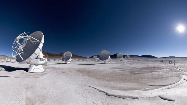 Radio telescopes in desert observatory under clear blue sky
