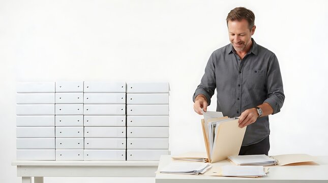 Man organizing documents in file folders at a desk