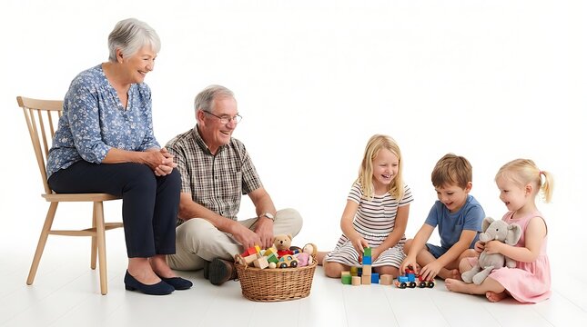Grandparents and grandchildren playing with toys on a white floor