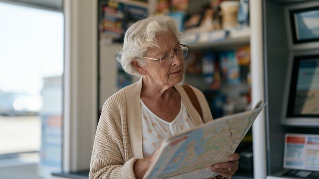 Retiree with silver hair in a cardigan buying lottery tickets and a road atlas at a petrol station convenience kiosk, analogue travel preparation, older motorist culture, rural