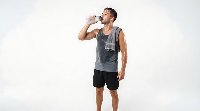 Sweaty man drinking water from a bottle after physical exercise