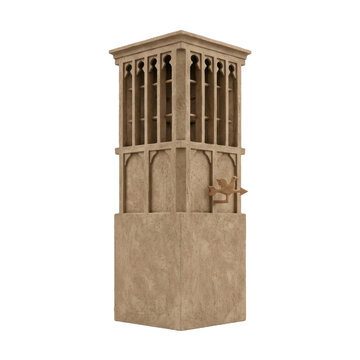 Isolated traditional middle eastern stone windcatcher tower architectural element with detailed sandstone texture and ornate vents.