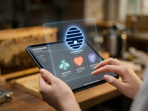 Advanced smart beekeeping concept featuring a person using a tablet with a futuristic digital holographic interface to monitor honey bee hive health.