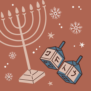 Hanukkah holiday vector illustration, traditional menorah and dreidel spinning tops, Jewish festival of lights background with snowflakes