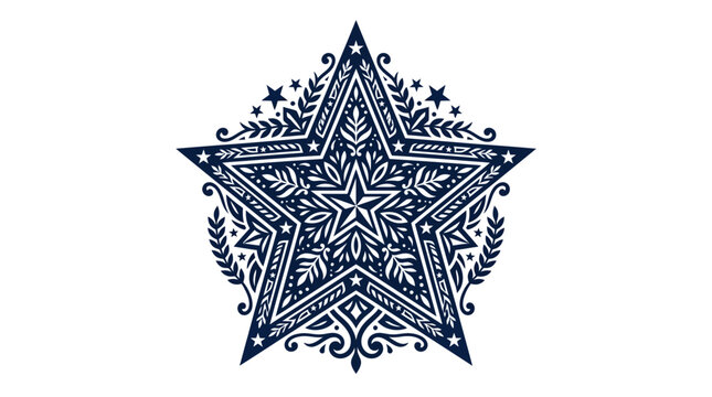 Intricate ornate five pointed star with decorative floral and leaf patterns.