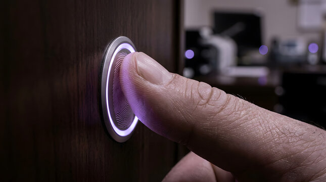Security professional pressing biometric fingerprint scanner on modern door panel with illuminated sensor