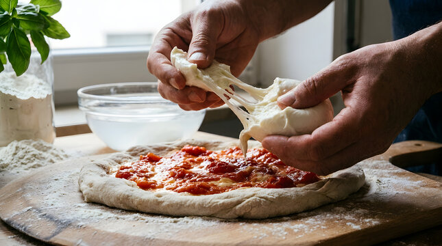 Chef hands pulling and stretching fresh white mozzarella cheese ball over a pizza base with tomato sauce