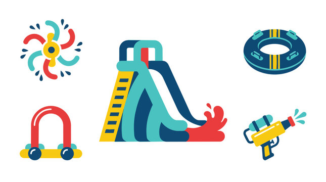 Water park icons, colorful flat summer fun elements collection, waterslide splash inflatable ring water gun ladder, isolated on white background, premium graphics for travel and tourism marketing ads