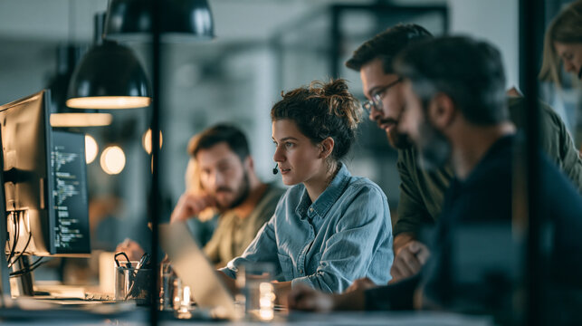 Software development team collaborating late in an open office with focused programmers and headsets