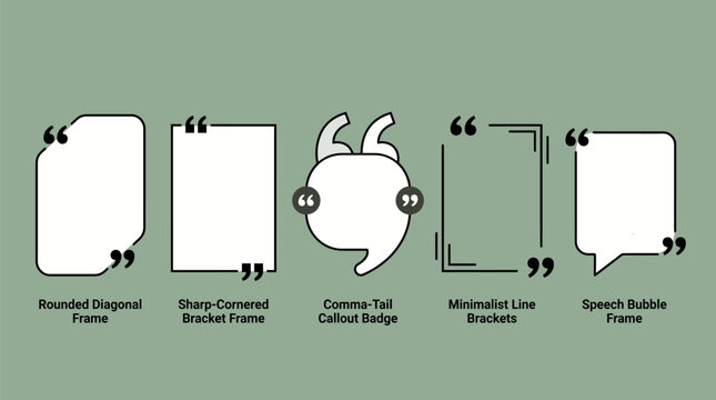 Minimalist quotation mark frames and callout badges, set of 5 vector quote boxes, rounded diagonal and sharp-cornered bracket frames for testimonials