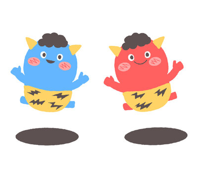 ジャンプする赤鬼と青鬼のかわいいキャラクター