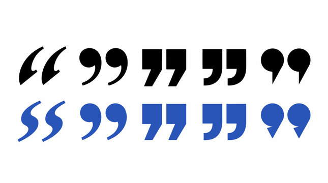 Minimalist quotation marks vector set, black and blue quote icons for typography, modern speech bubble punctuation marks for editorial design