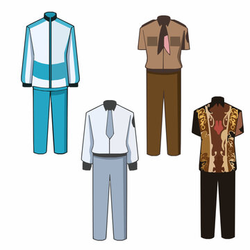 Indonesian male school uniforms vector set, including tracksuit, scout uniform, high school uniform, and batik pattern.