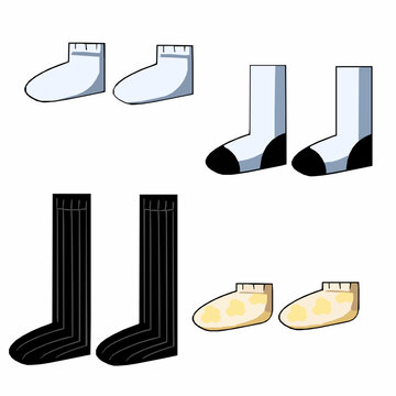 Collection of socks vector set featuring high socks, ankle socks, and patterned socks isolated on white background.