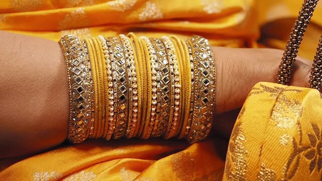 Close up of a woman's arm adorned with many ornate yellow bangles