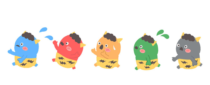 5色のかわいい鬼が走って逃げるイラストセット