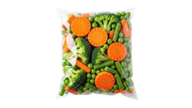 A plastic bag filled with fresh frozen mixed vegetables like carrots and broccoli