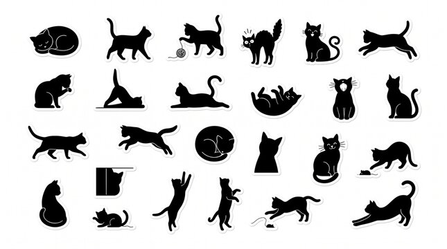 Set of black cat silhouettes in various playful poses on a white background