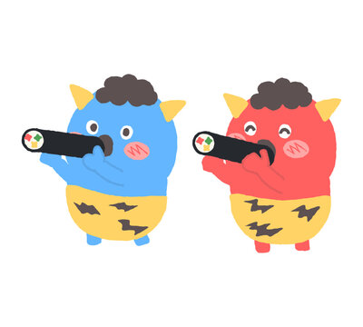 恵方巻きを食べる赤鬼と青鬼のキャラクター