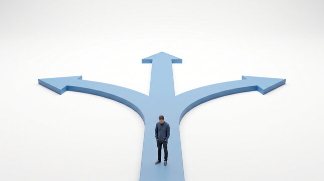 A man standing at a crossroads with three paths diverging in different directions, symbolizing choice, decision making, and future opportunities