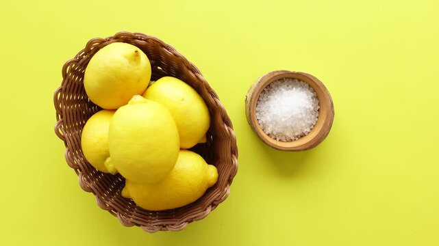 Fresh lemons in basket and salt in bowl on yellow background, top view, slight camera movement