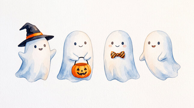 Set of four cute watercolor ghost characters for Halloween decorations.