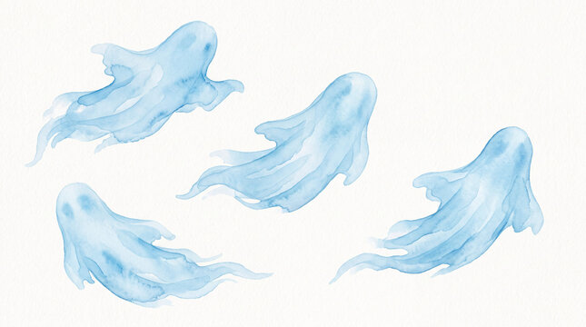 Set of four ethereal blue watercolor ghosts floating on a white background.
