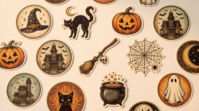 Set of vintage Halloween stickers and icons including haunted house witch hat pumpkin spiderweb and black cat.