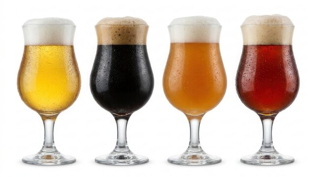 Different beers served in four separate glasses