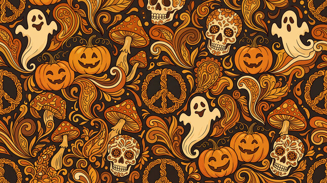 Seamless psychedelic pattern with pumpkins, skulls, ghosts, mushrooms, and peace signs in orange and brown tones.