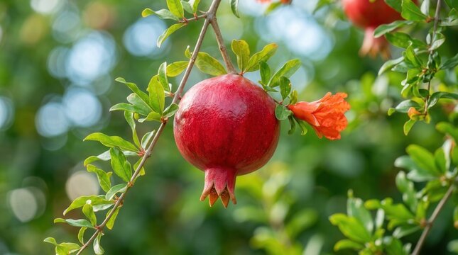 A vibrant ripe pomegranate on the branch beside a flower.