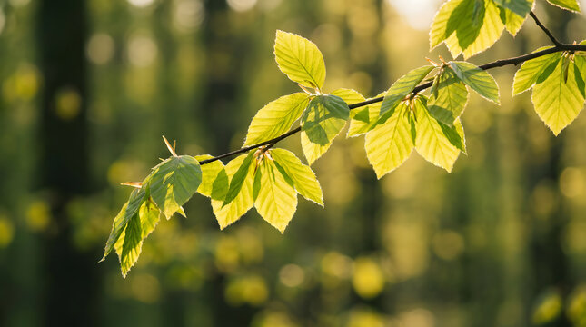 A branch of fresh green beech leaves glowing in the warm sunlight of a forest canopy