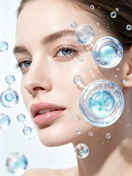 Female beauty face with blue serum bubbles and skincare molecules