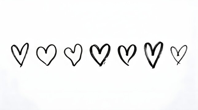 A row of small hand drawn heart shapes created with black ink brush strokes in a simple minimalist artistic style