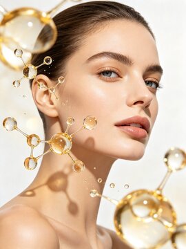 Female beauty model with golden serum molecules and transparent bubbles