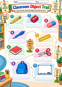 Classroom Object Trail Preschool Vocabulary Worksheet