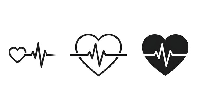 Set of black heart beat icons showing pulse rate and medical rhythm symbols for healthcare and cardiology design projects