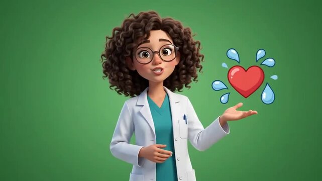 Friendly cartoon doctor with curly hair presenting a stylized red heart icon for medical health care communication