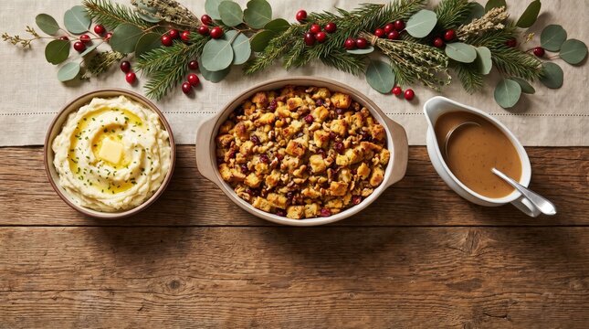 Thanksgiving meal with stuffing mashed potatoes and gravy on rustic wooden table during holidays