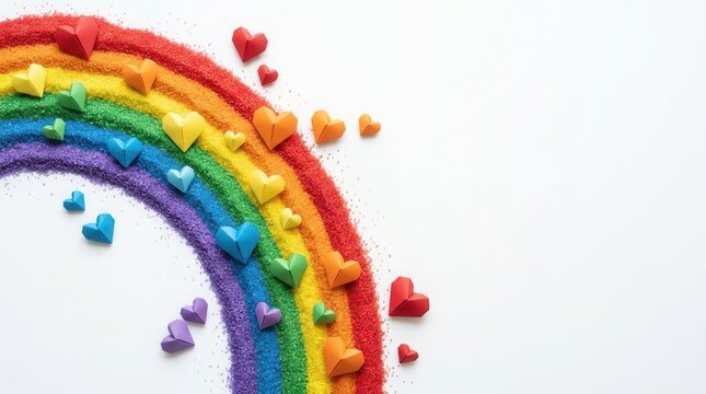 Inviting copyspace for affirming messages next to a rainbow sand flag and little hearts on white as an LGBT history month tribute.