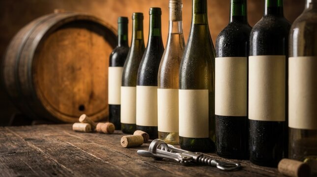 An oak wine keg positioned beside a row of wine bottles.