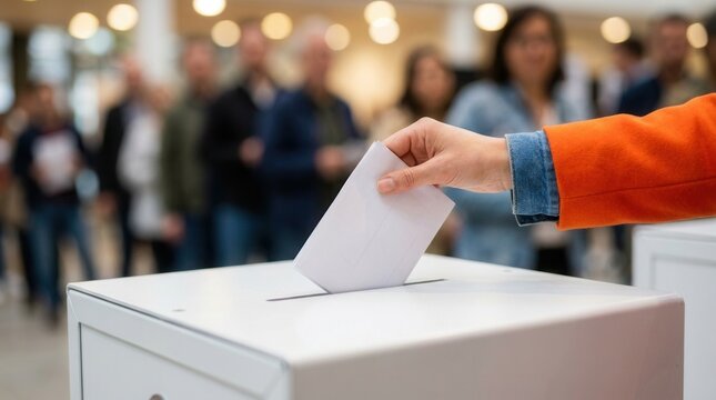 Woman inserting a ballot into a voting box at a polling station