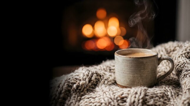 A cozy scene featuring a warm mug of coffee with a crackling fireplace in the background