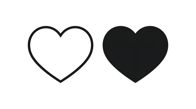 Two simple black heart shapes including one solid filled icon and one outline stroke version for romantic design projects
