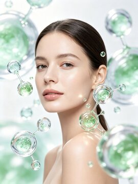 Female beauty model with skincare molecules and transparent bubbles