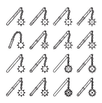 Medieval spiked maces and flails in a grid pattern with clean lines and simple shading for historical themes