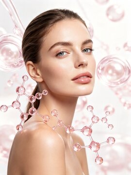 Female beauty portrait with pink serum molecular bubbles