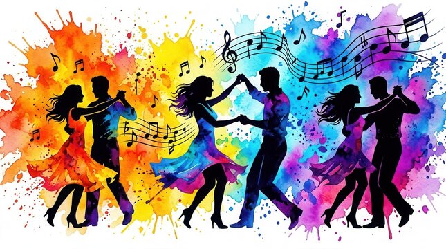 A colorful background with musical notes and happy people dancing salsa