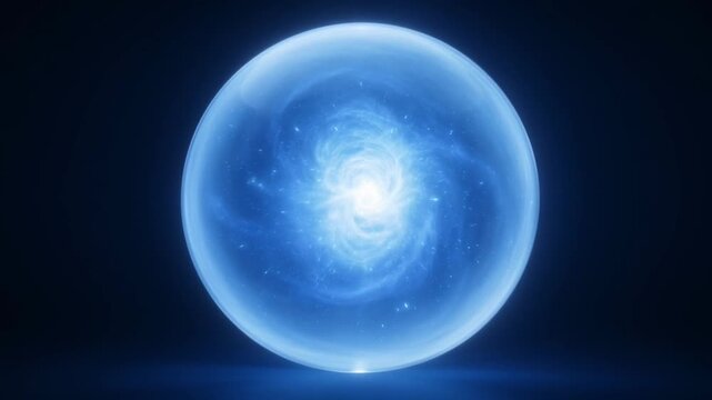 Cosmic Orb: A luminous blue orb with swirling galaxy-like patterns and stardust, glowing with ethereal energy against a dark, abstract background.